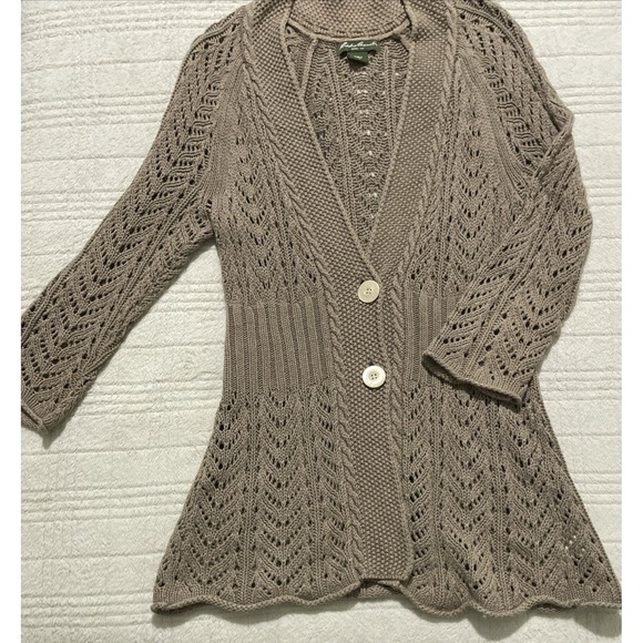 Eddie Bauer Sweaters - Eddie Bauer Cardigan Sweater Open Knit Tan Linen Blend Button Boho Women's M